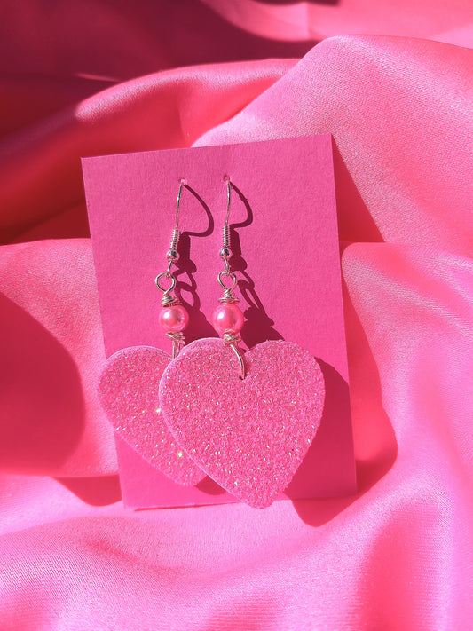 Glitter heart earrings, pink