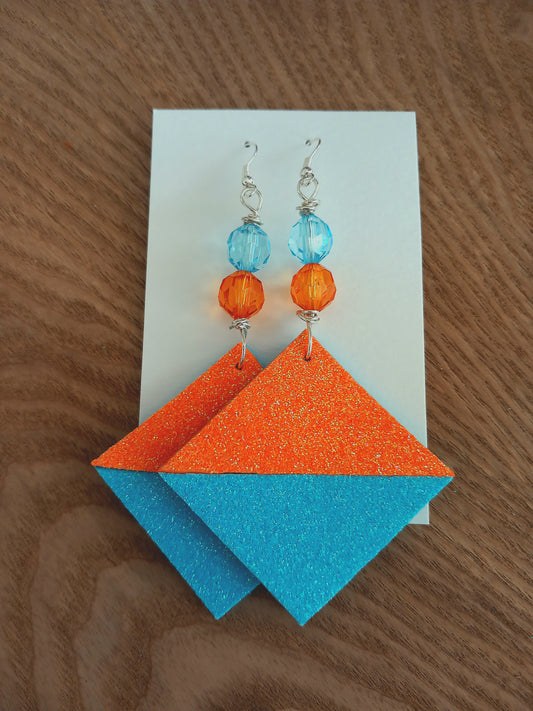 Glitter square earrings, light turquoise/orange