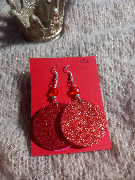 Round glitter earrings, red/pink